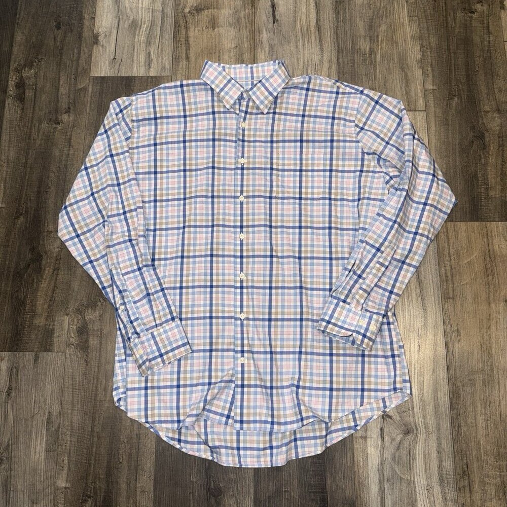 Peter Millar Shirt Mens 2XL‎ Blue Pink Plaid Button Down Long Sleeve Performance